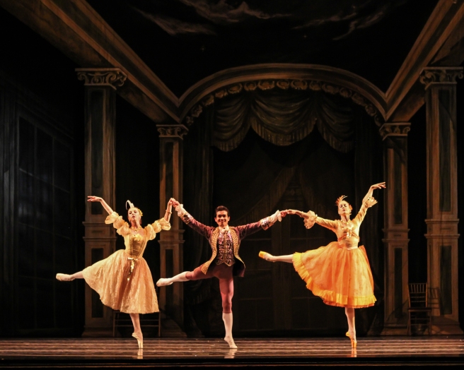 Alicia Fabry, Randi Osetek and Sokvanarra Sar as Cinderella's stepsisters and the Prince's brother the Grand Duke, choreography by Robert Weiss